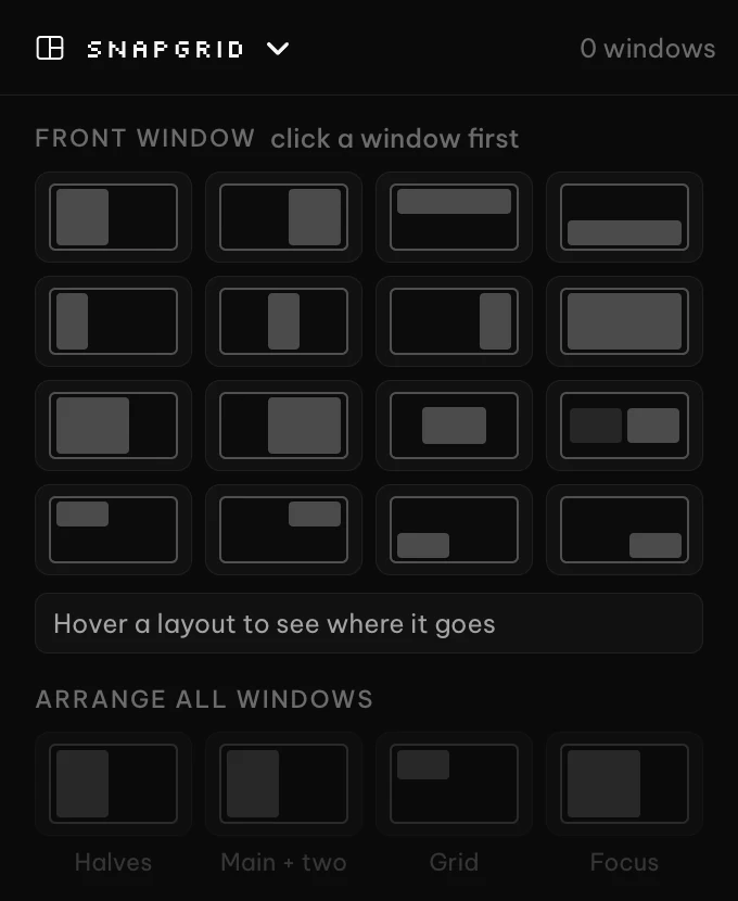 The SnapGrid panel: sixteen layout tiles and the Arrange all windows row.